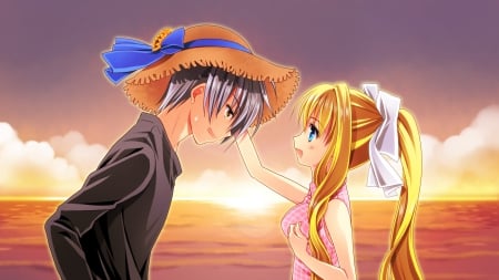 Yukito â™¡ Misuzu - nice, sky, female, hat, blond, sunset, anime girl, blond hair, pretty, cloud, blonde hair, sunray, anime, short hair, kamio misuzu, male, air, girl, light, long hair, kunisaki yukito, lovely, boy, sweet, ray, sunrise, friend, dress, blonde, guy