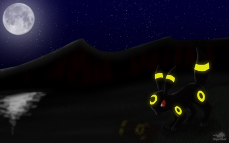 Moonlit Night Umbreon - umbreon, Dark night, moon night, Moonlit, dark, dark lake