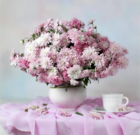 pink flowers & teacup - flowers, still life, teacup, pink