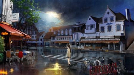 Raining Night - anime, female, scenery, town, landscape, scene, night, light, stall, home, bike, rain, hd, sky, shop, raining, house, sign, realistic, logo, girl, city, scenic, wet, cg, rainy, cloud, bicycle, 3d, building