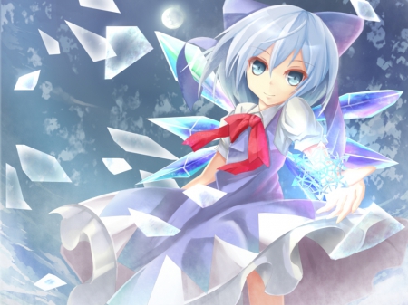 Cirno - female, hot, magic, wings, anime girl, touhou, anime, ribbon, cute, short hair, magician, ice, bluer hair, sexy, girl, snowflakes, gown, wing, fairy, cirno, dress