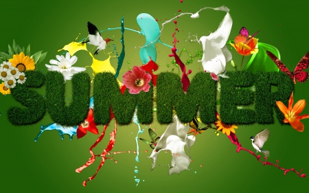 Summer - figures, flowers, birds, green, word, butterfly