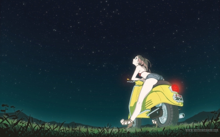 Haruhara Haruko - sky, stars, female, girl, haruhara haruko, anime girl, cool, mtorocycole, shorts, anime, grass