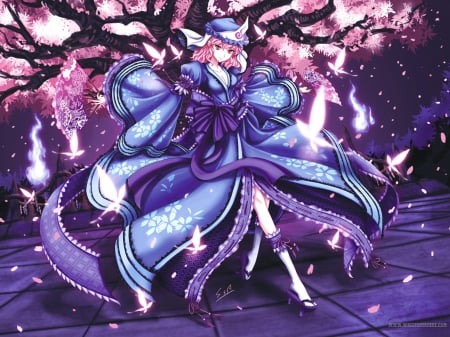 Dance Of the Death - hat, anime girl, hat petals, touhou, dress, dancing, lovely, pink hair