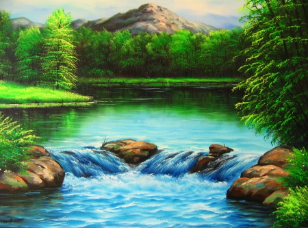 Forest landscape - nice, trees, stream, waterfall, creek, rocks, painting, fall, art, quiet, calmness, river, grass, landscape, mountain, flow, shore, place, lovely, serenity, forest, beautiful, stones