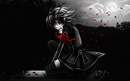 Vampire Knight - moon, beauty, woman, bats, girl, black, vampire, dark, red, beautiful, anime, sweet, cute