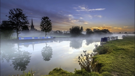 barges on a river in morning fog - morning, village, barges, trees, river, fog