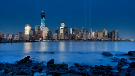 gorgeous downtown manhattan in evening - memorial, evening, skyscrapers, harbor, city