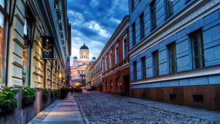 cobblestone side street to cathedral in helsinki - cathedral, clouds, street, cobblestone, buildings