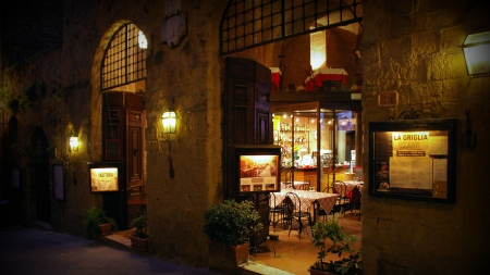 lovely restaurant in italy - street, restaurant, lights, entrance, posters