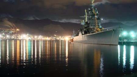 military ship docked in harbor at night - lights, ship, military, harbor, dock, night