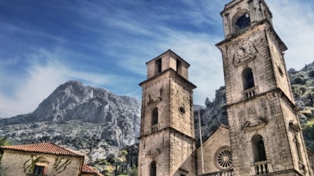 kotor cathedral in montenegro hdr - sky, towers, mountains, cathedral, hdr