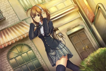 Yui~ K-On!~ - stores, anime girl, female, skirt, brown hair, bag, k-on, short hair, unifrom, headphones, nice, houses, hirasawa yui