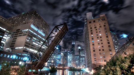 raised drawbridge on the chicago river - clouds, river, lights, city, night, bridge