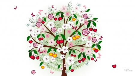 Cherry Tree - summer, flowers, design, spring, fragrant, abstract, vector, art, cherries, butterflies, fruit, tree, colorful