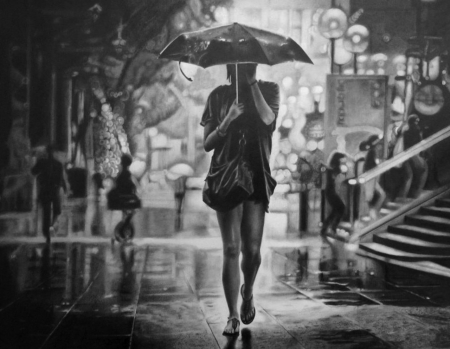 New York City Girl - umbrella, rain, black and white, solo, pencil drawing, solitude