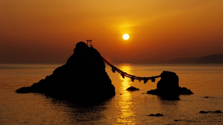 Sunset in Japan - japan, temple, sunset, sea, ocean