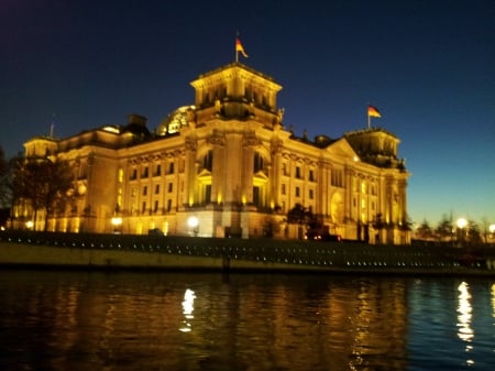 Reichstag at night - night, water, lighted, berlin