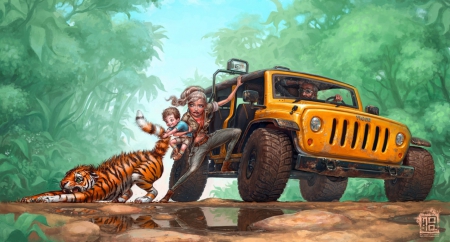 Pussycat - cartoons, cat, jeep, funny, tiger