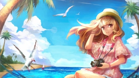 Taking photos - photographer, taking photos, beach, girl, camera, paradise, cartoon, anime