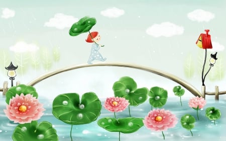 The bridge - the bridge, cartoon, anime, flowers, kids