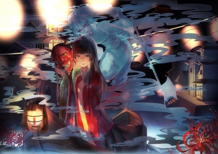 Anime - spirit, red, original, Oni, axe, Anime, lantern