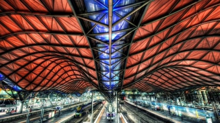 beautiful modern train station hdr - trains, roof, modern, hdr, escalators, station