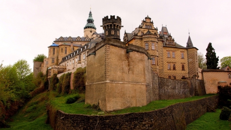 beautiful castle - hill, bricks, grass, castle, wall