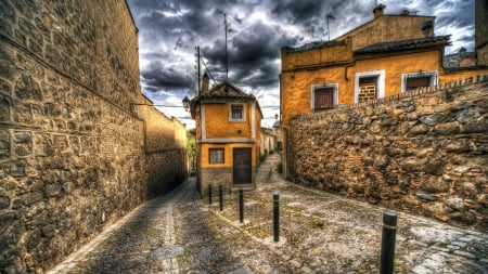 beautiful cobblestone alleys in spain hdr - clouds, hdr, cobblestones, walls, alleys, houses