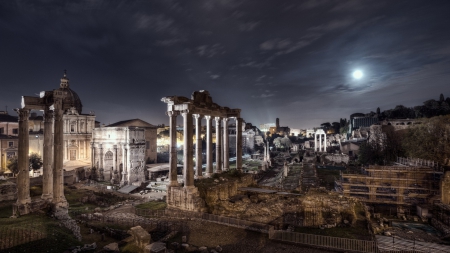 ancient ruins in rome under moonlight - moon, ancient, ruins, light, night, city