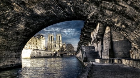 superb view of the seine under a bridge hdr - arch, walkway, river, cathedral, hdr, bridge