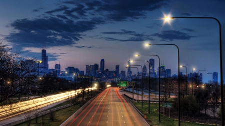 highway into chicago in long exposure - dusk, lights, long exposure, highway, city