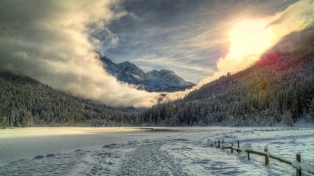 spectacular winter landscape hdr - forest, mountains, winter, rays, sun, hdr, sun rays, lake, fence, clouds