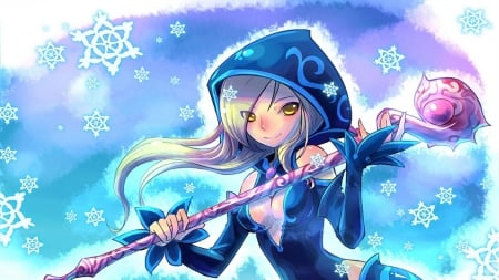 Dragon Nest - beauty, woman, girl, warrior, magic, purple, snow, blue, beautiful, pink, anime, sweet, cute