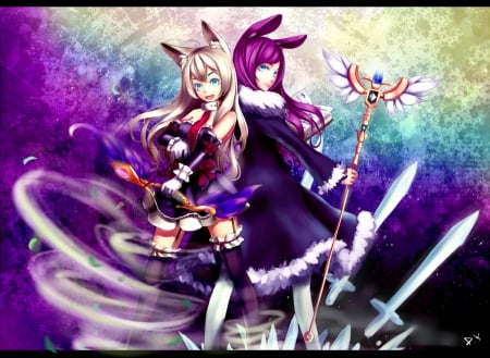 Dragon Nest - girls, purple, cute, women, beauty, beautiful, yellow, anime, dress, blue, warriors, magic, colors, green