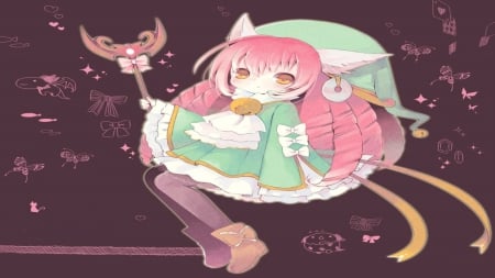 Sweet Neko Girl - anime, neko, magic, brown, beautiful, girl, pink, sweet, cat, aqua, green, cute, beuaty