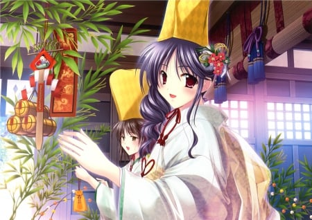 Lucky Bamboo - sexy, hot, girl, female, long hair, purple hair, anime girl, brown hair, anime, yukata, oriental, house, kimono, bamboo, cute