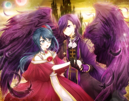 ♡ Couple ♡ - pretty, anime, female, wing, romantic, dress, guy, romance, angel, long hair, boy, male, purple, nice, gown, anime girl, hot, girl, feather, lovely, love, sweet, handsome, wings, cute, lover, sexy, couple