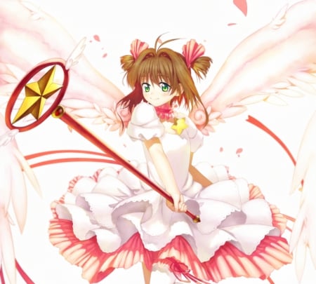 Sakura - hot, angel, wings, anime girl, petals, feather, card captor sakura, sexy, sakura, cardcaptor sakura, sweet, dress, kinomoto, nice, female, wand, brown hair, card captor, pretty, anime, short hair, cute, kinomoto sakura, girl, magical girl, cardcaptor, rod, staff, gown, lovely, sakura kinomoto, green eyes, wing, weapon