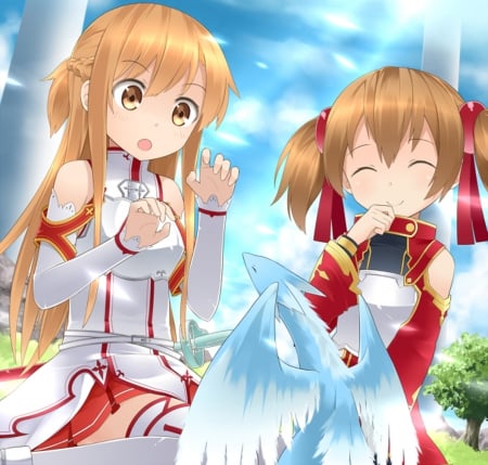 Little Pina - pretty, female, happy, armor, yuuki, dragon, sword art online, sao, nice, silica, asuna, hot, yuuki asuna, friend, knight, laughing, cute, sexy, anime, kawaii, warrior, long hair, laugh, silly, sky, anime girl, girl, lovely, brown hair, sweet, braids, smile, asuna yuuki, cloud, pina