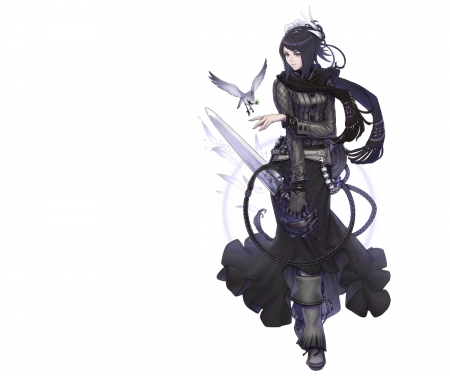 Mirania - sword, cute, plain, video game, game, rpg, hot, anime girl, girl, white, blade, armor, weapon, simple, pretty, bird, sweet, anime, warrior, long hair, nice, lovely, sexy, black hair, female