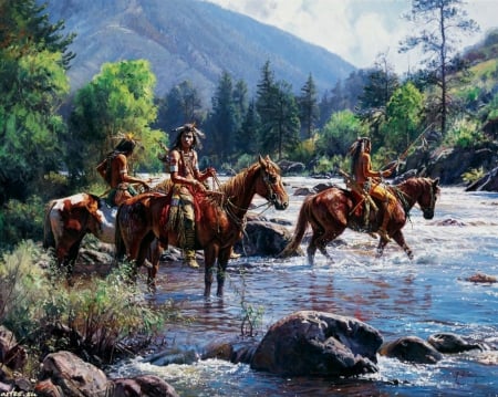 Native Americans - river, nature, horses, artwork, riding