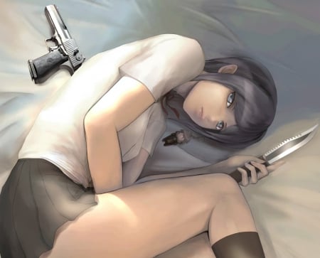 On the alert - gun, bed, lying, female, girl, knife, ikusaba mukuro, weapon, anime, dangan ronpa, manga