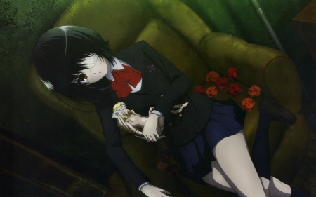 Another - scary, creepy, anime girl, medium hair, black hair, laying, mei, amazing, sinister, dark, ribbon, manga, skirt, lying, mean, bow, beautiful, uniform, serious, misaki, upset, emotional, angry, rose, red eyes, gorgeous, pretty, anime, short hair, mad, eye patch, sad, lovely, another, doll, crazy, flowers, awesome