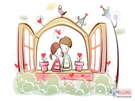 window lovers - cute, love, vector couple, window