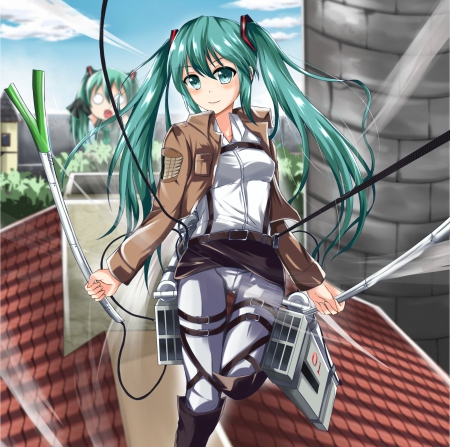 Shingeki no Vocaloid - female, hot, twintail, anime girl, blade, anime, miku, house, sword, twin tail, cute, hatsune miku, sexy, roof top, building, girl, twintails, long hair, hatsune, vocaloids, roof, green eyes, rooftop, twin tails, vocaloid, city, weapon, green hair, crossover