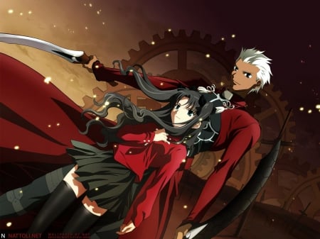 Fate Stay Night - beauty, woman, couple, girl, warrior, black, brown, boy, red, beautiful, warriors, gear, anime, sword, cute, guy