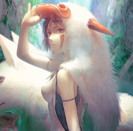 San - realistic, beauty, nice, fur, female, hot, anime girl, tattoo, pretty, anime, cute, sexy, girl, mononoke, mononoke hime, lovely, cg, wolf, hd, 3d, beautiful, sweet, princess mononoke