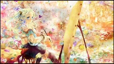 Painting - anime, yellow, blue, pink, multicolors, purple, red, art, paint, beautiful, girl, beauty, colors, orange, woma, soft, butterfly