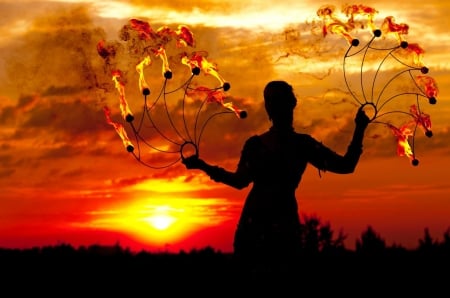 Silhouette - woman, sky, silhouette, sunset, fire